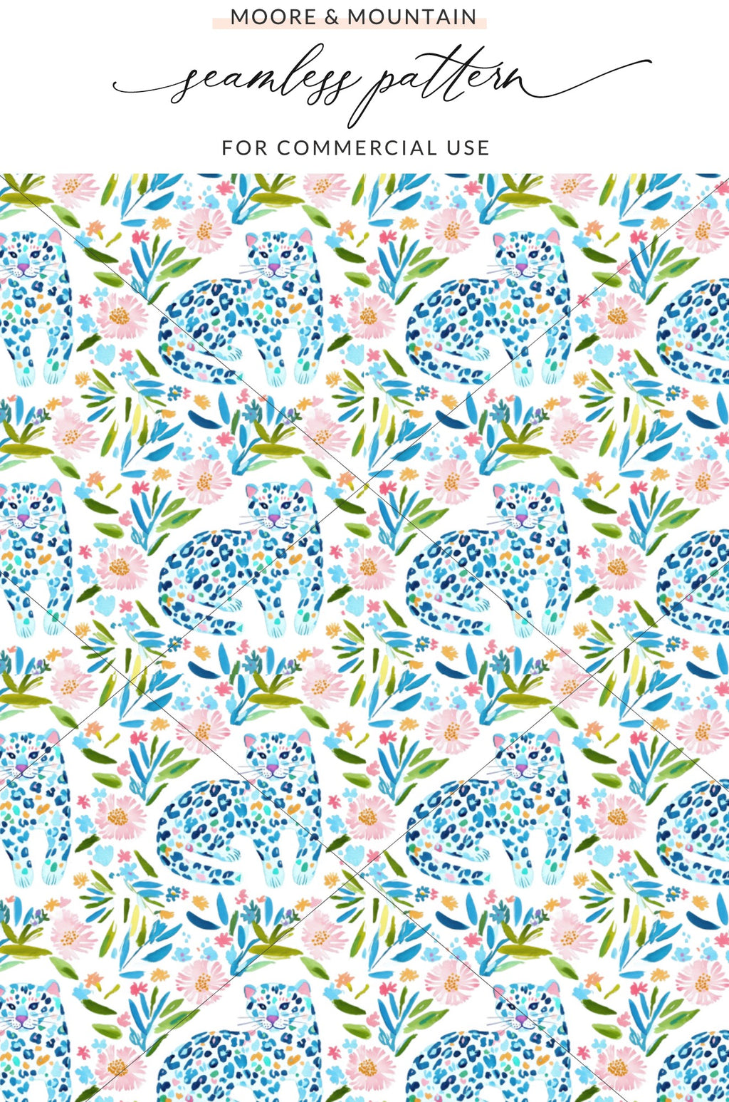 Seamless pattern with blue leopards, pink flowers, and green leaves.