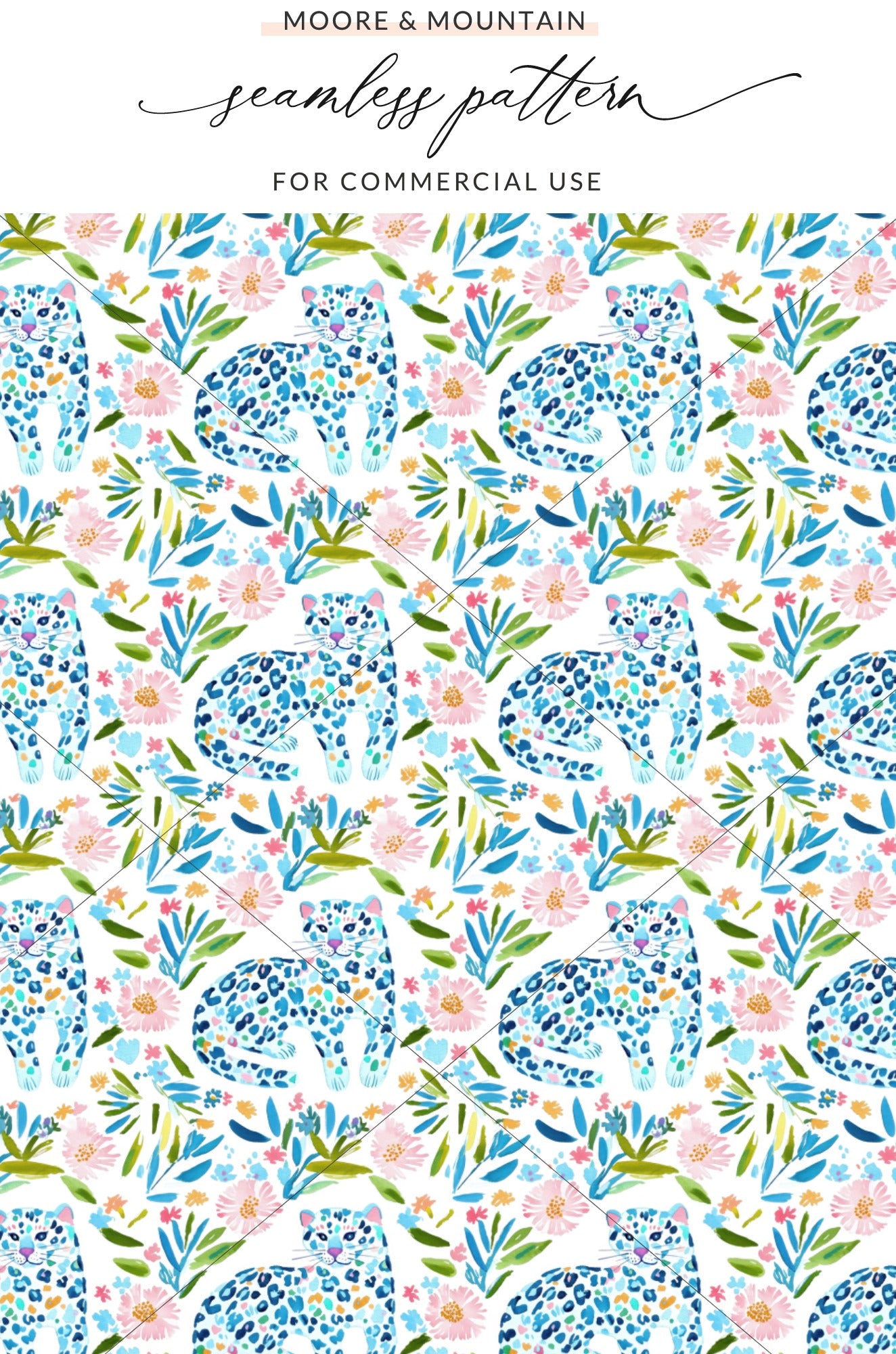 Seamless pattern with blue leopards, pink flowers, and green leaves.