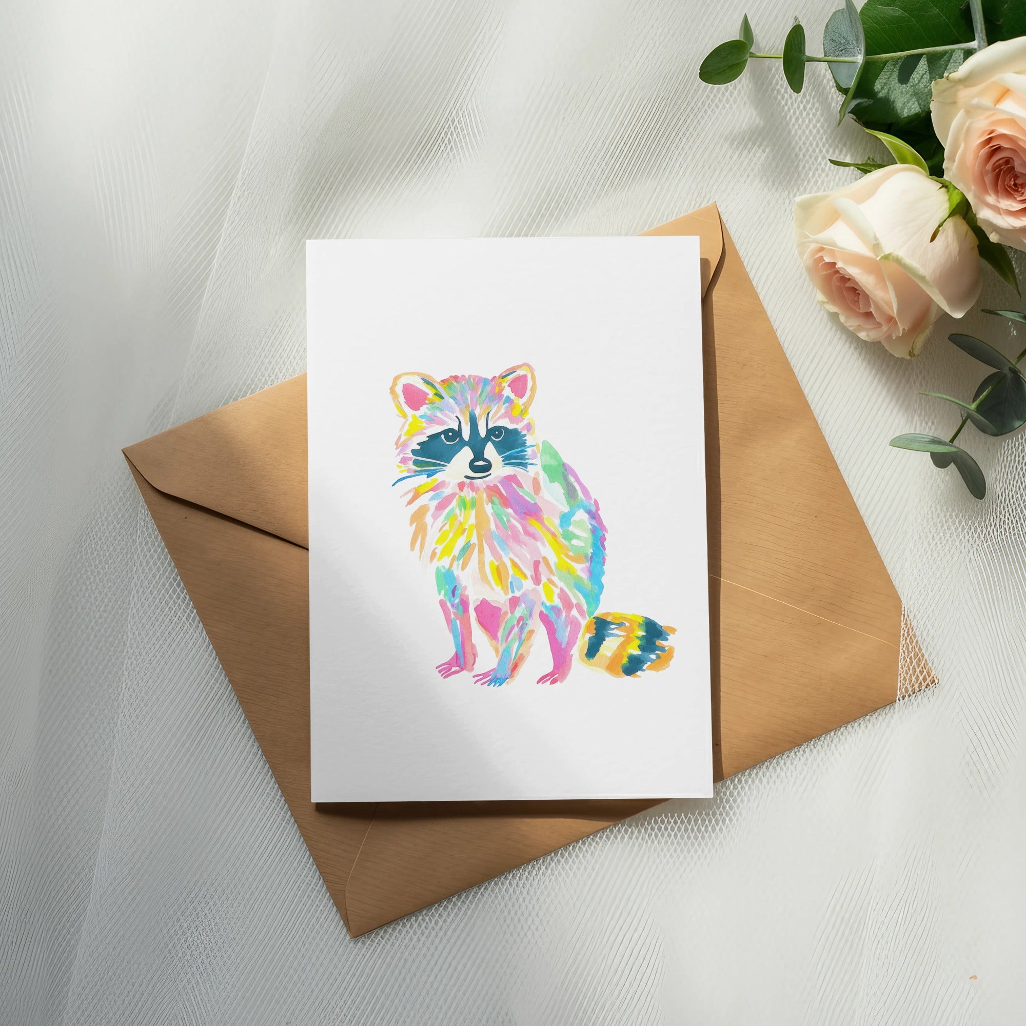 Watercolor raccoon illustration on a white card with a brown envelope.
