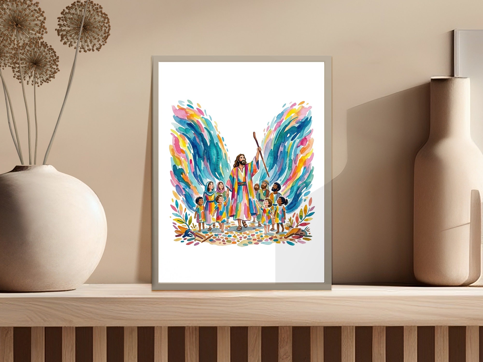 Illustration of Moses parting the Red Sea with children watching.