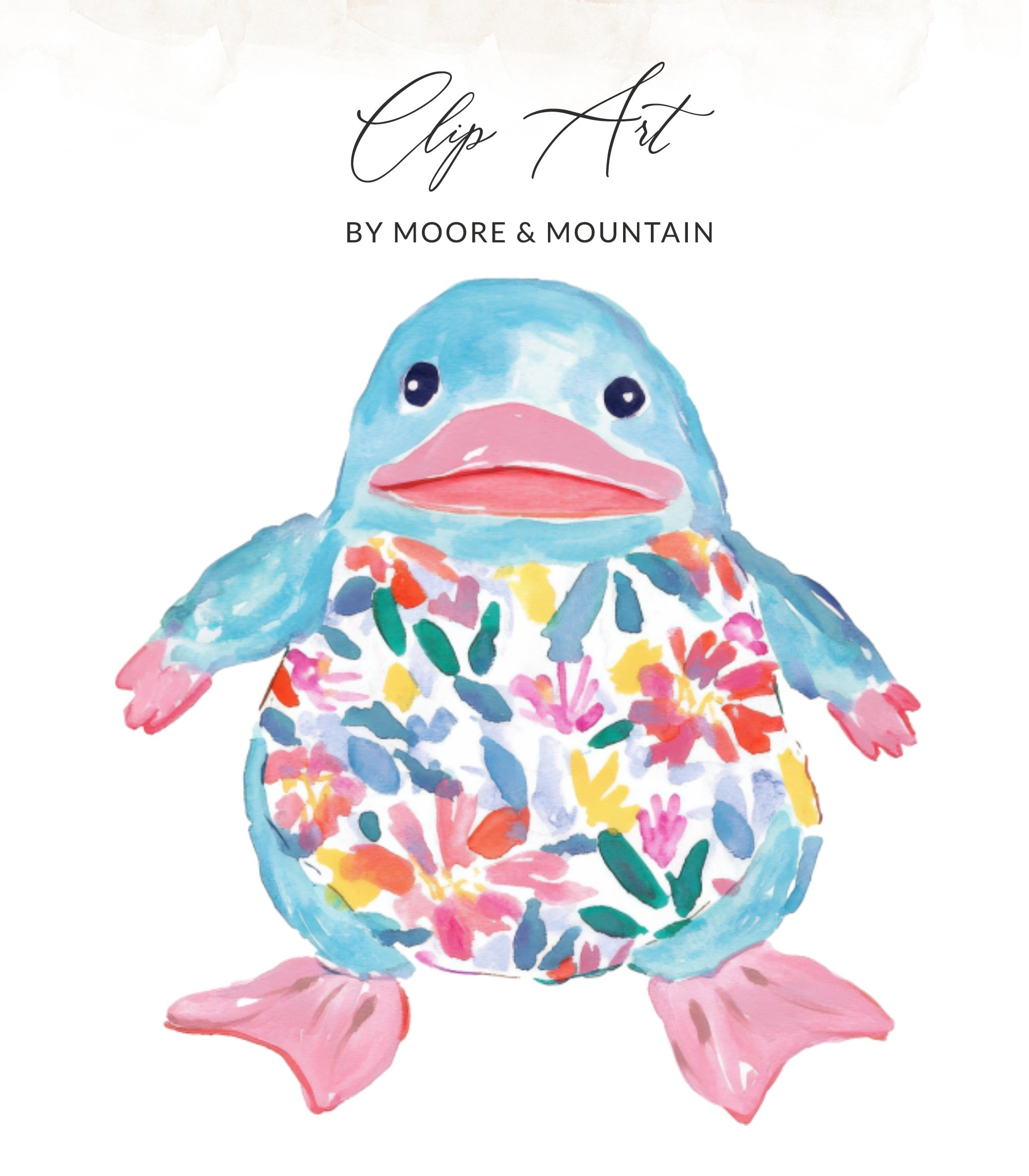 Blue watercolor penguin with floral belly, by Moore & Mountain.