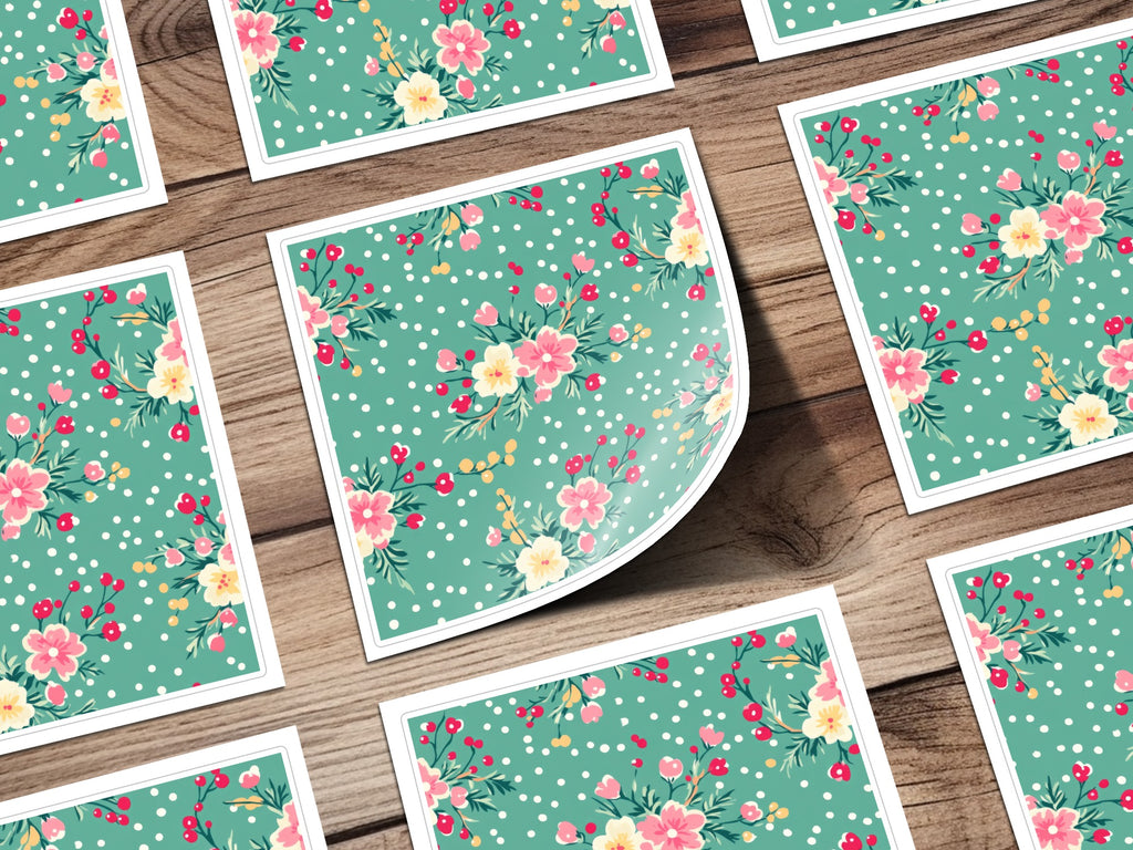 Floral and Polka Dot Pattern on Green Background Sticker