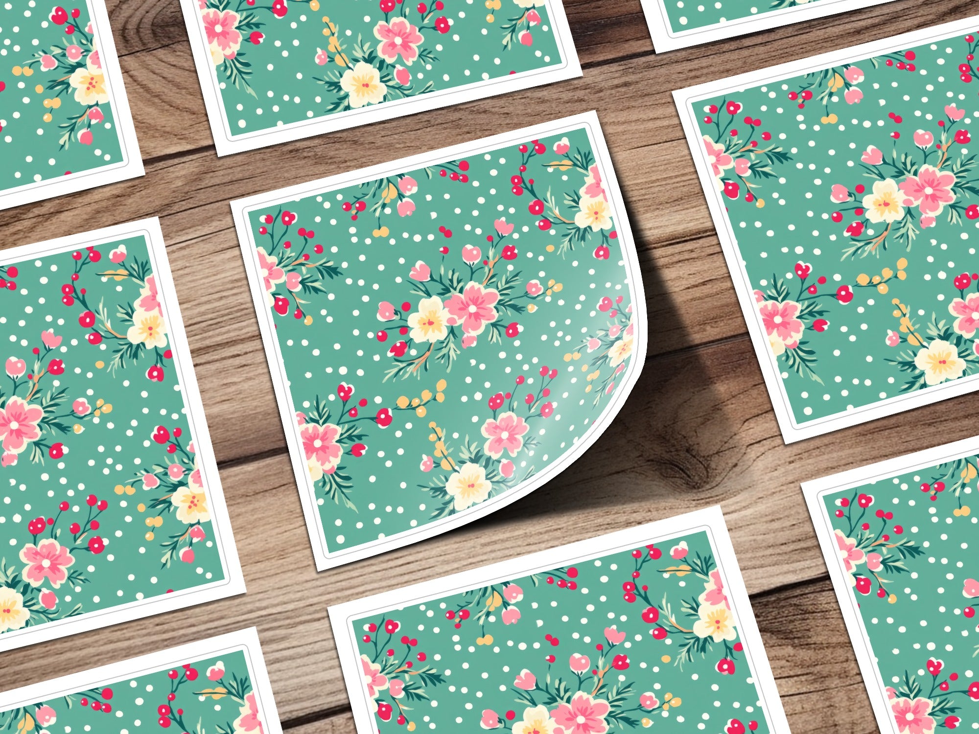 Floral and Polka Dot Pattern on Green Background Sticker