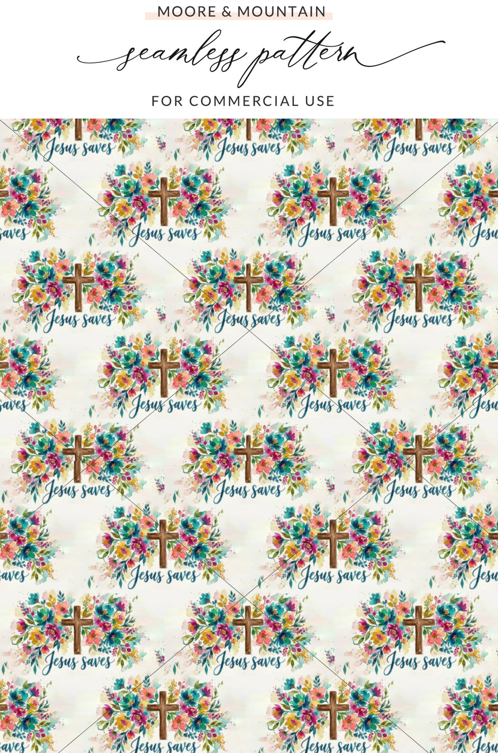 Seamless Watercolor Jesus Saves Cross Floral Design product type