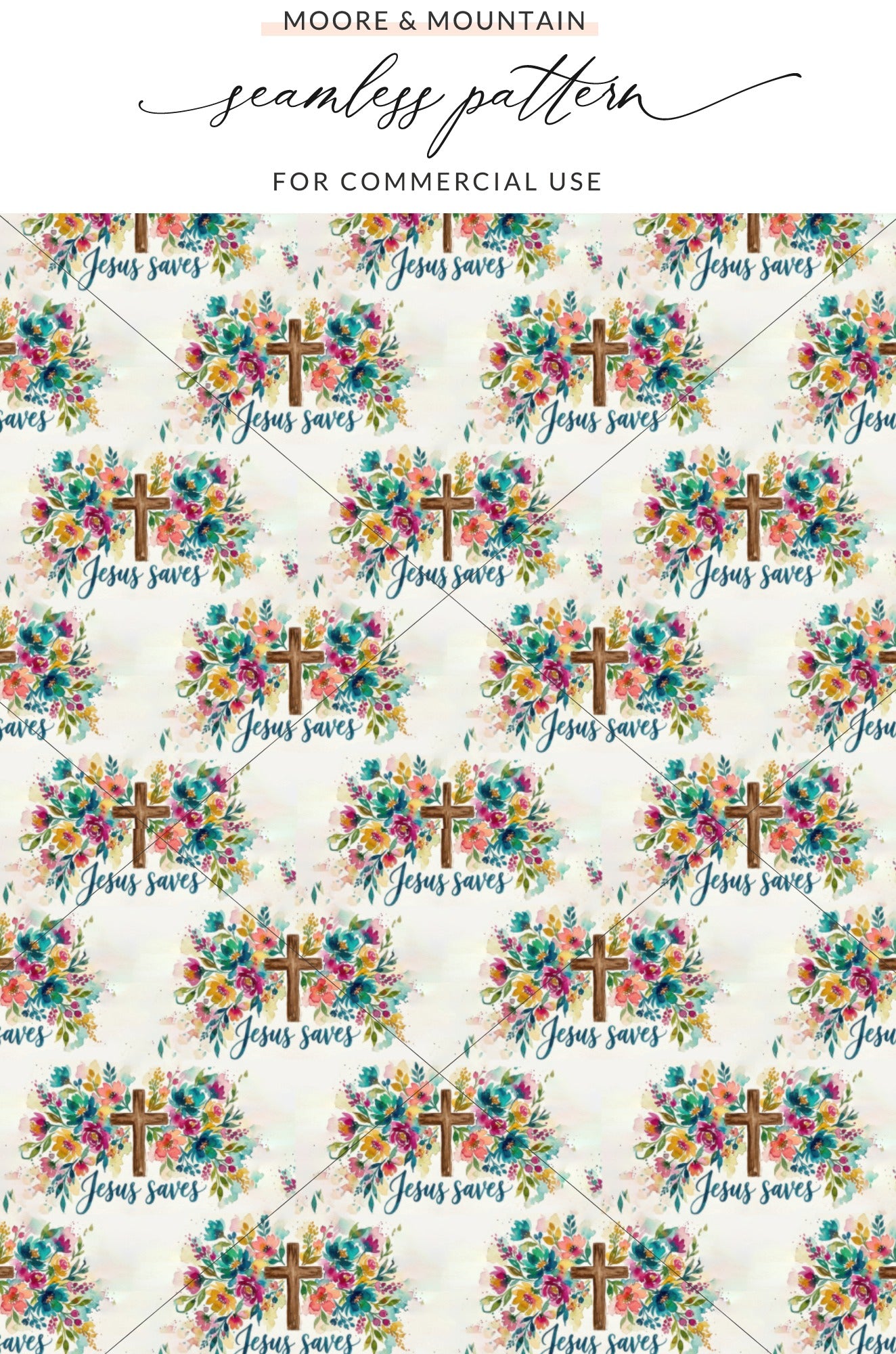 Seamless Watercolor Jesus Saves Cross Floral Design product type