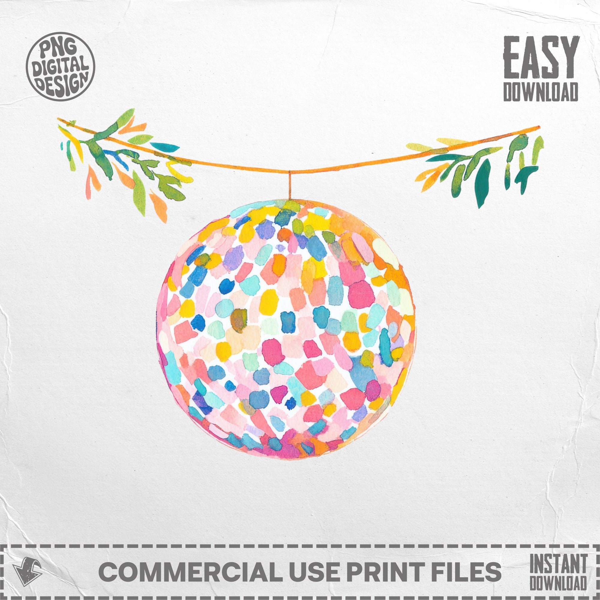 Watercolor disco ball with colorful abstract circles hanging from greenery.