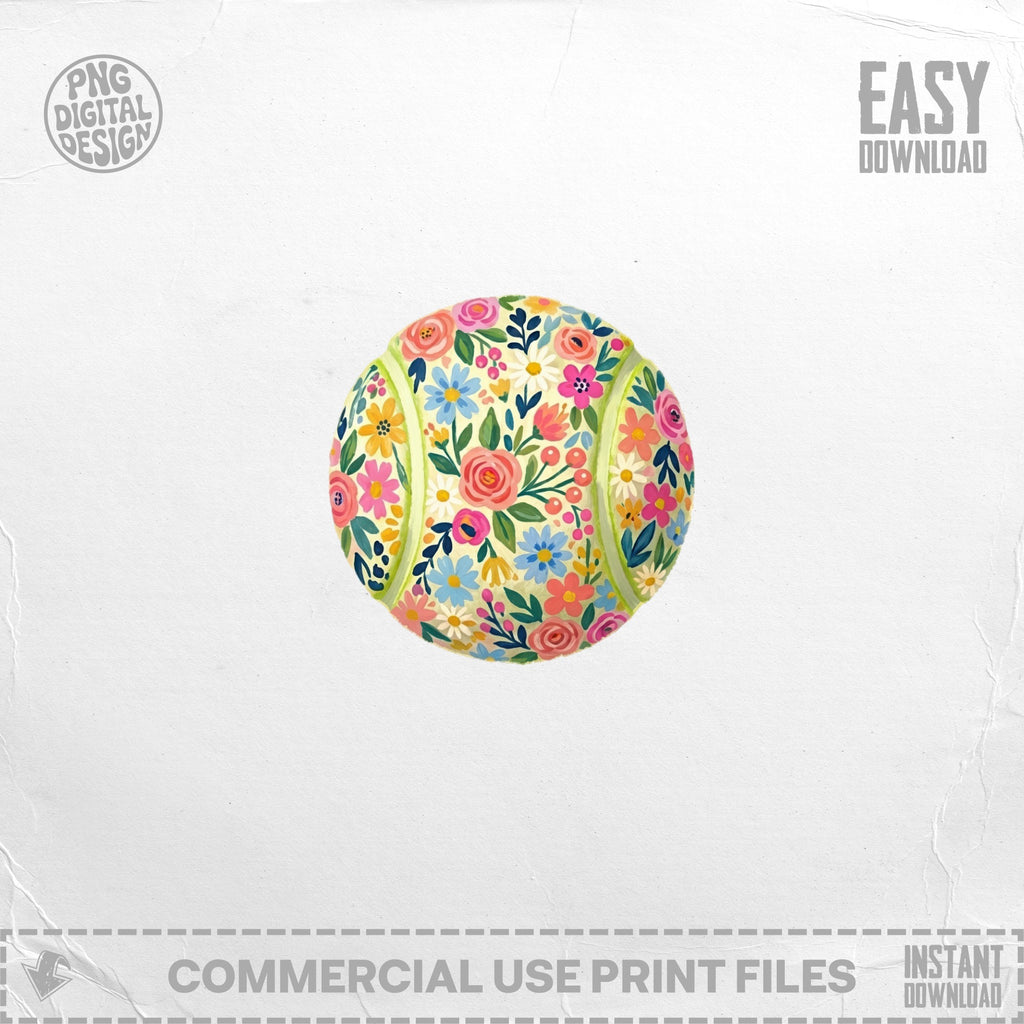 Tennis ball with a colorful floral pattern on a light background.