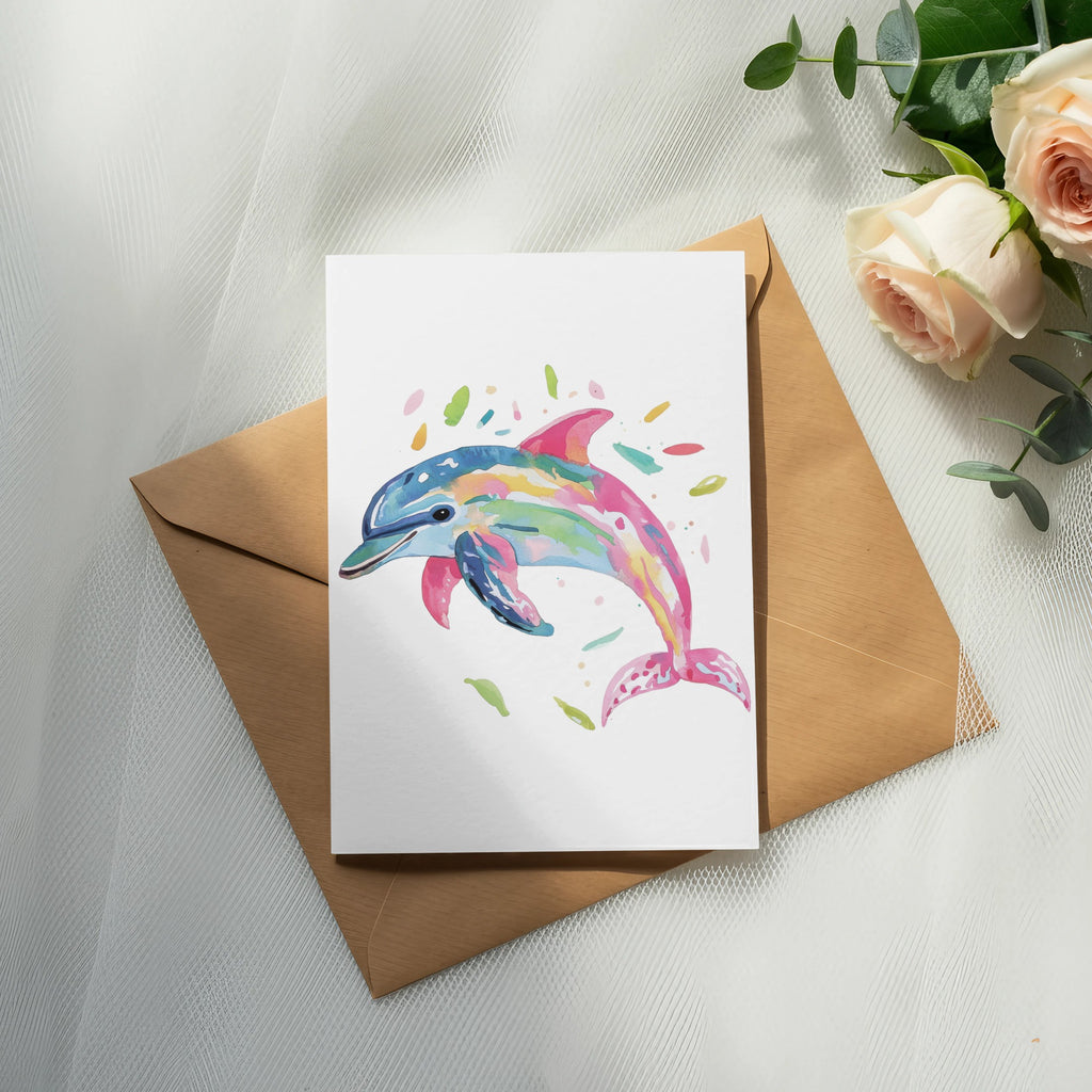 Colorful dolphin illustration on a white card atop a brown envelope with roses.