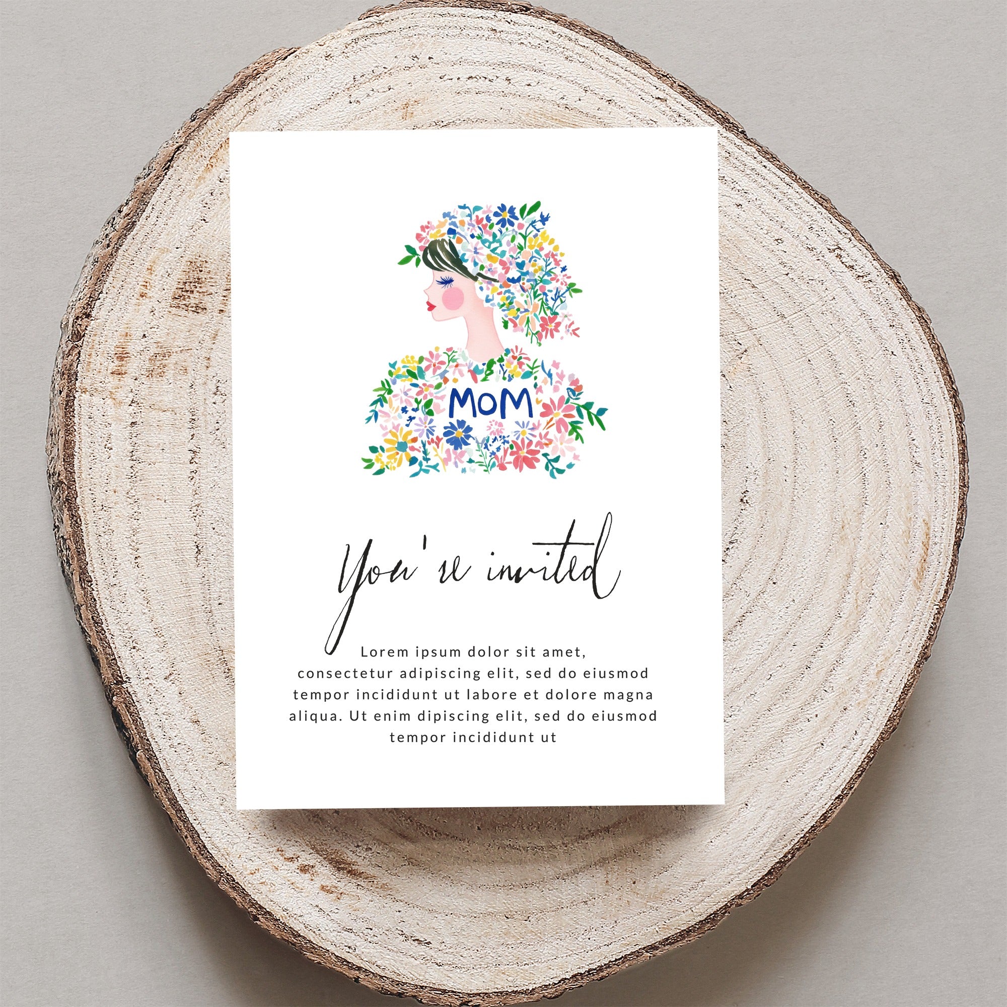 "MOM" card with floral hair, "You're invited" text, and placeholder copy.
