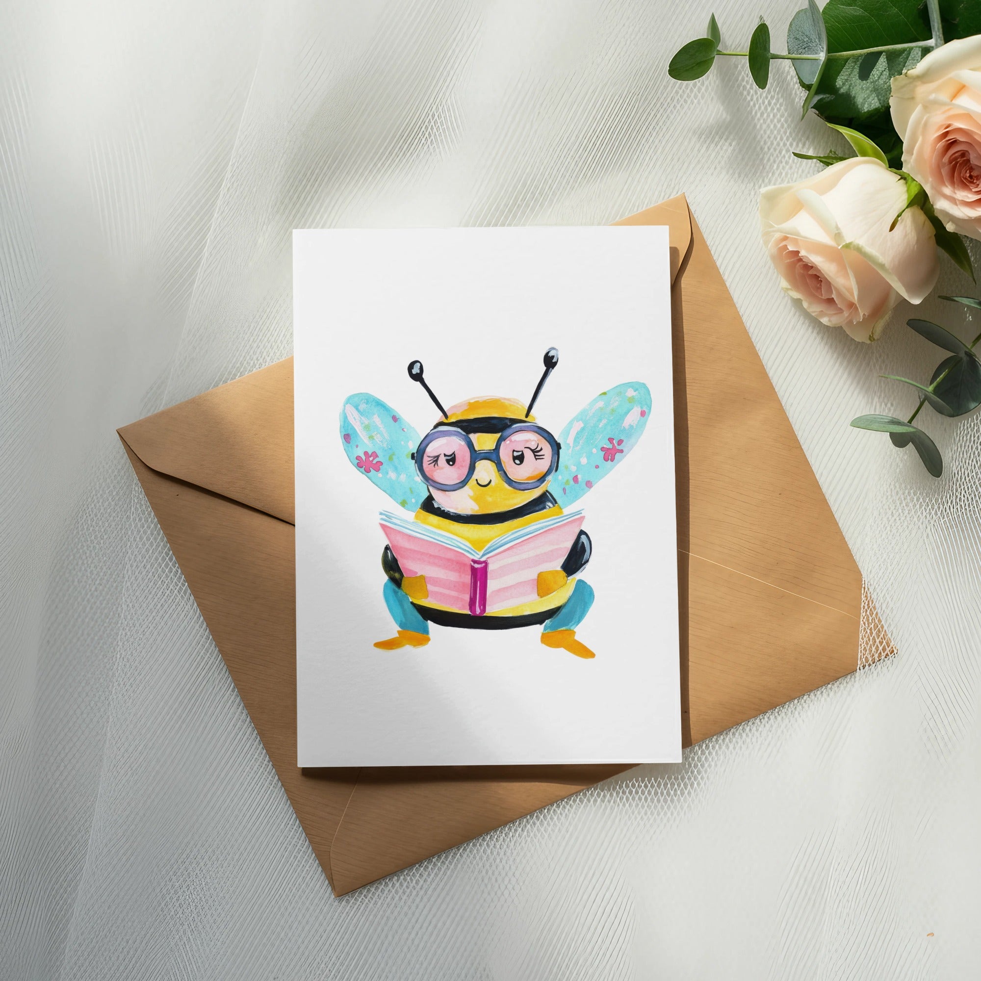 Card with a cartoon bee wearing glasses reading a book.