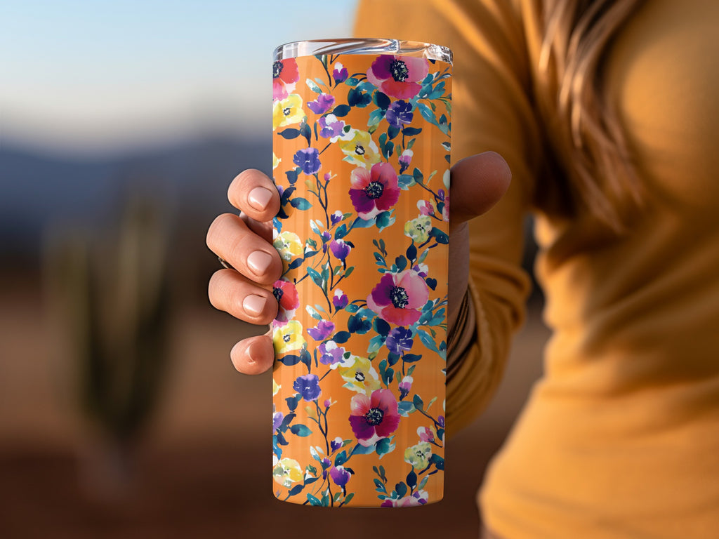 Vibrant Floral Patterned Orange Insulated Tumbler