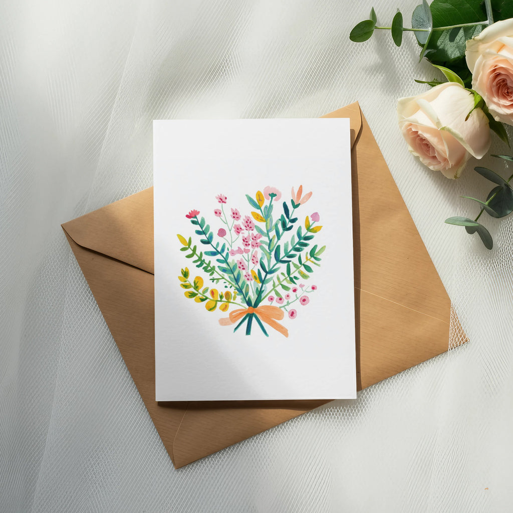 Watercolor bouquet illustration on white card with orange envelope and roses.
