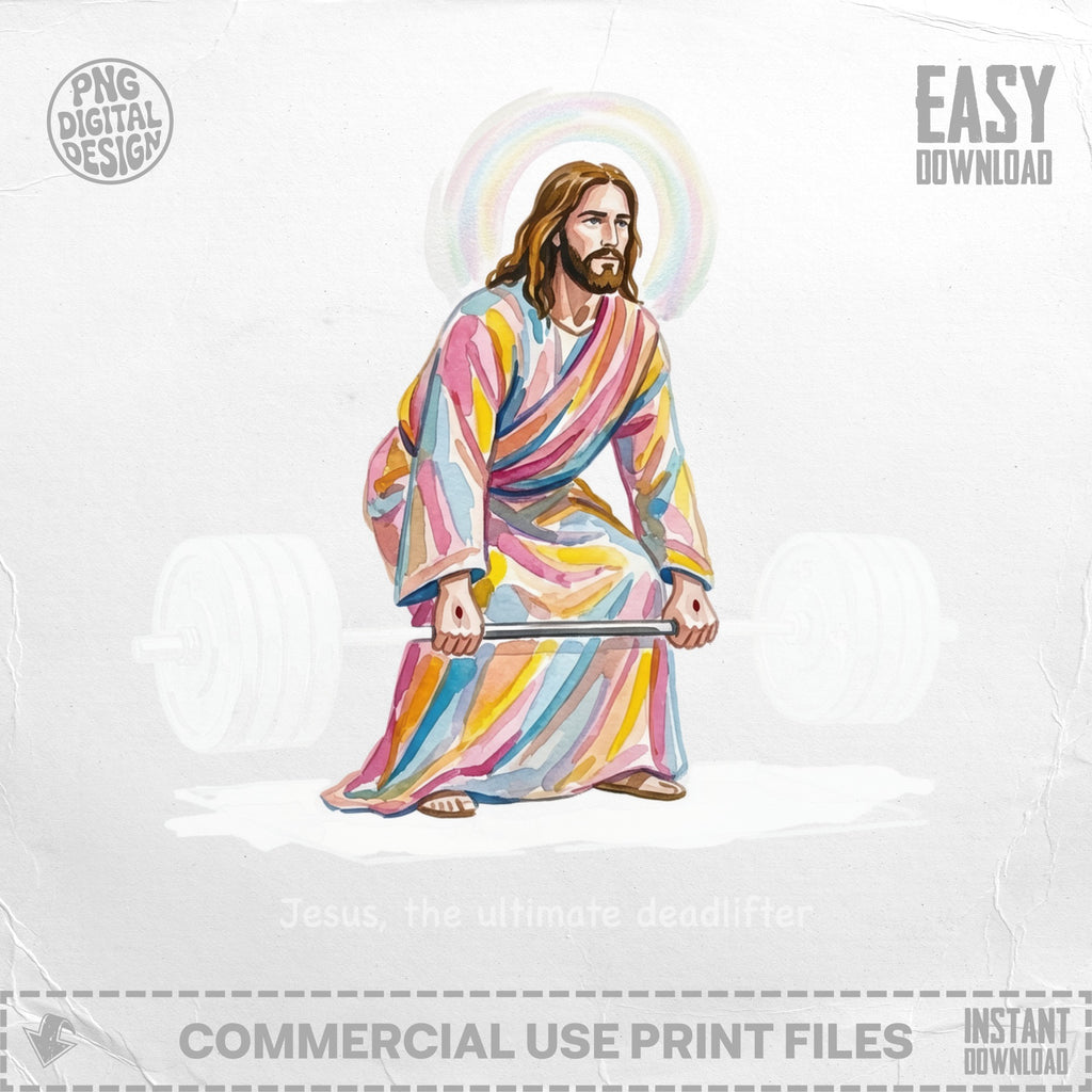 Jesus in a colorful robe lifts a barbell with a halo.