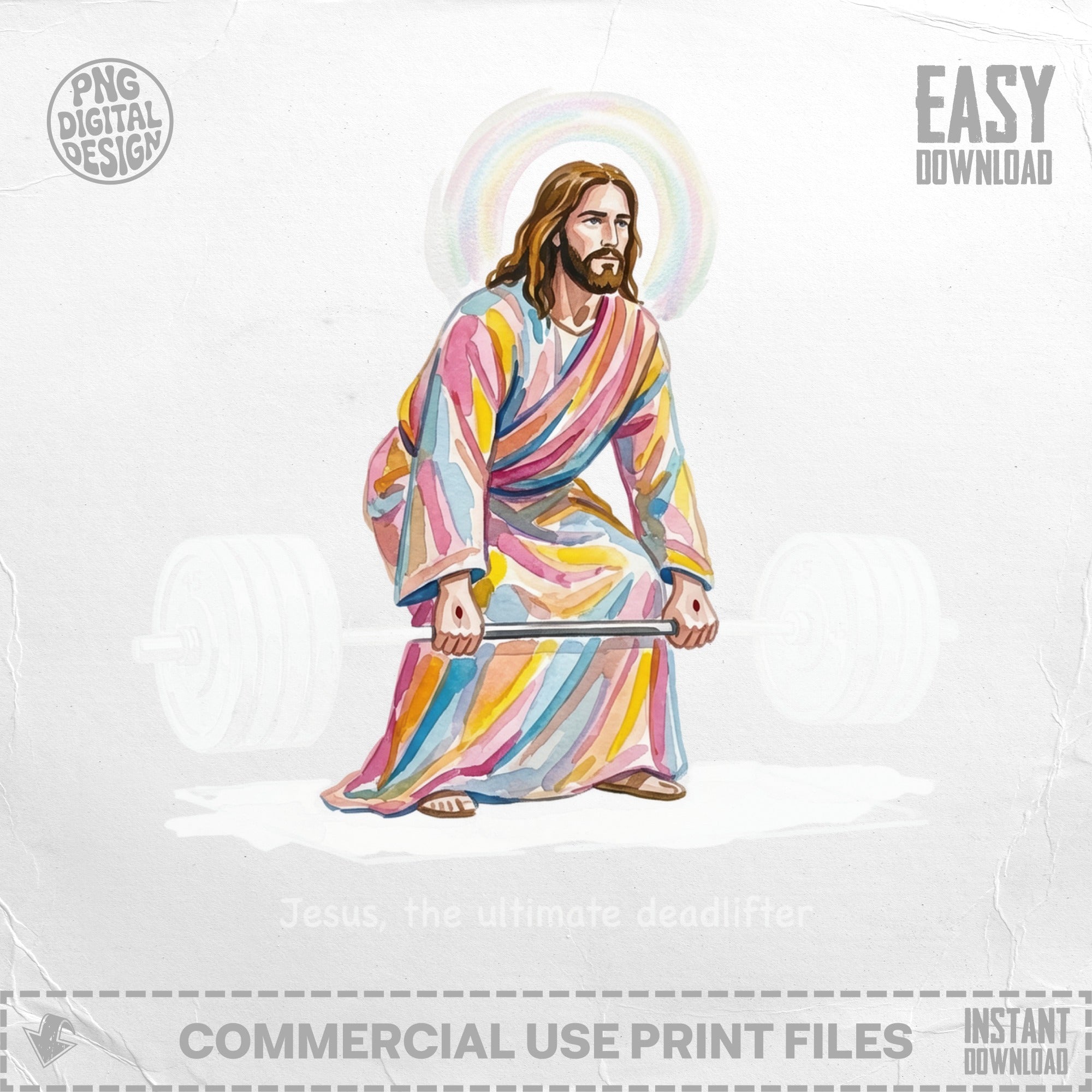 Jesus in a colorful robe lifts a barbell with a halo.