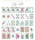 Mahjong tiles and floral illustrations on a white background.
