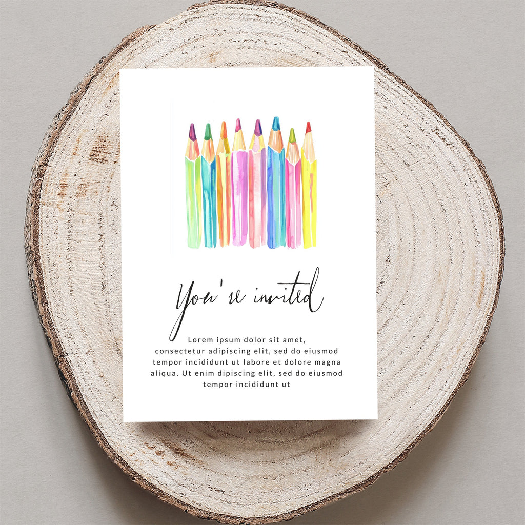 Invitation card with watercolor pencils and "You're invited" text.