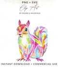 Watercolor squirrel illustration with colorful abstract brushstrokes.