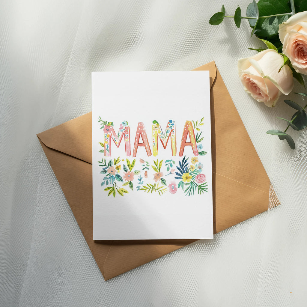 Greeting card with "MAMA" in floral lettering on a brown envelope.