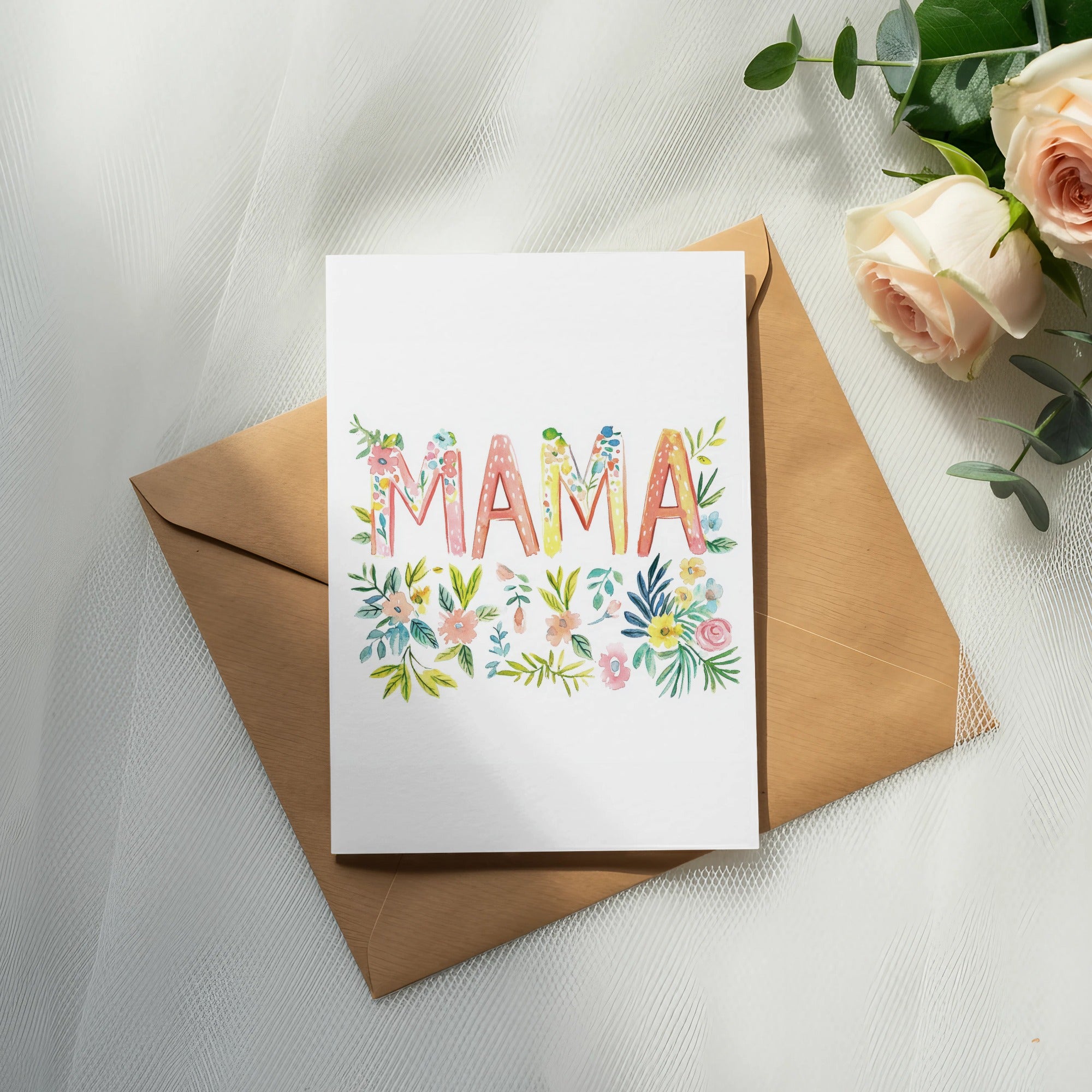 Greeting card with "MAMA" in floral lettering on a brown envelope.