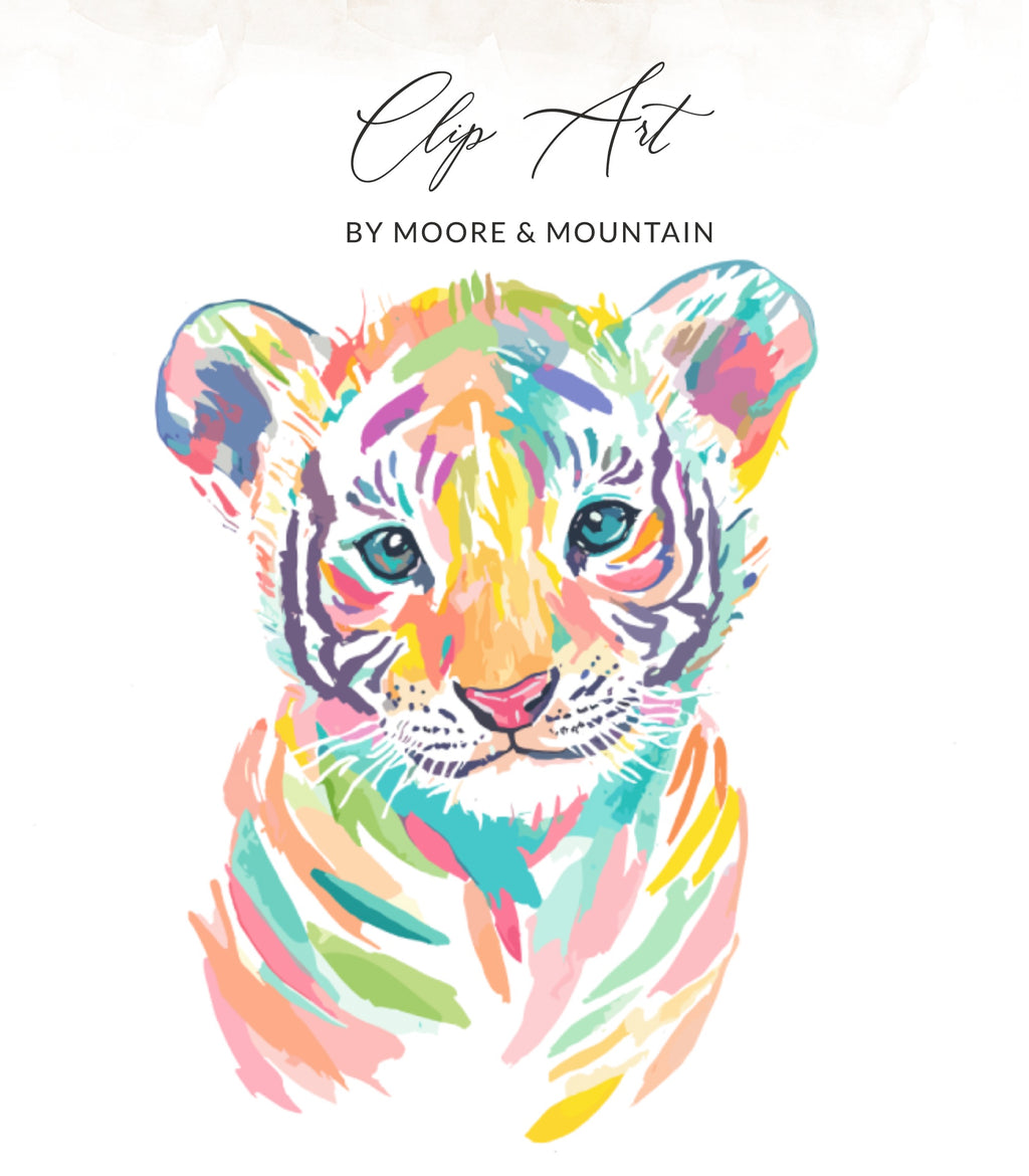 Watercolor tiger cub illustration with colorful brushstrokes, titled "Clip Art".