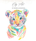 Watercolor tiger cub illustration with colorful brushstrokes, titled "Clip Art".