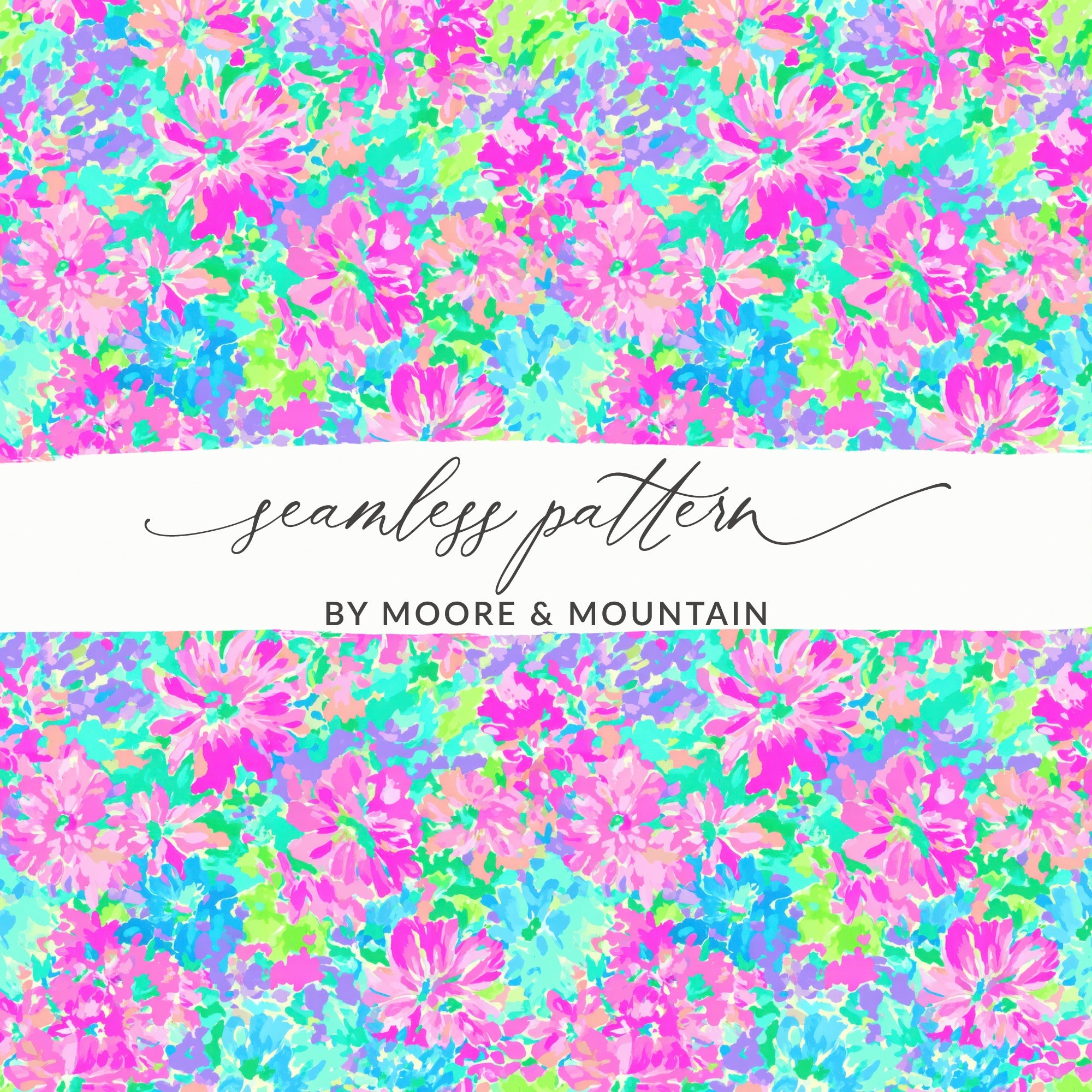 Seamless floral pattern in vibrant pink, blue, and green with text.