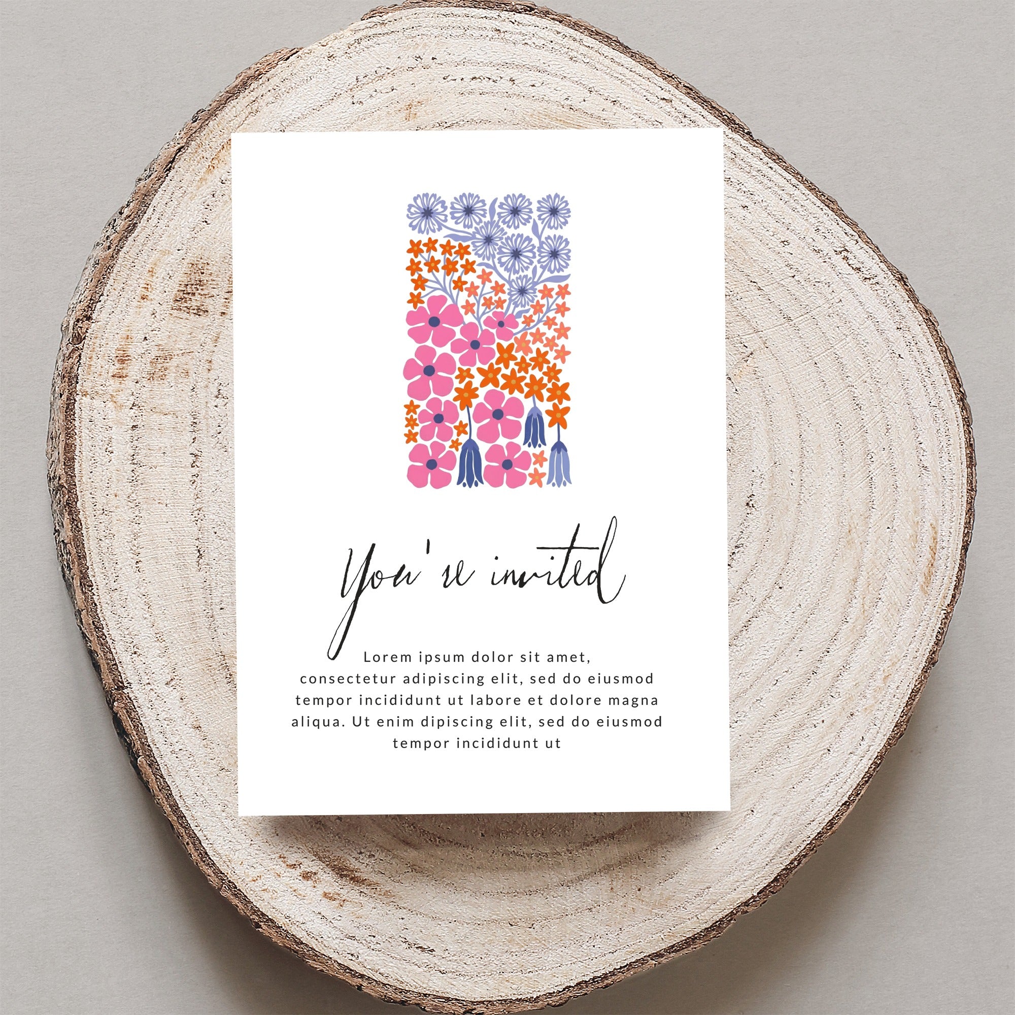 Invitation card with floral design and "You're invited" text.