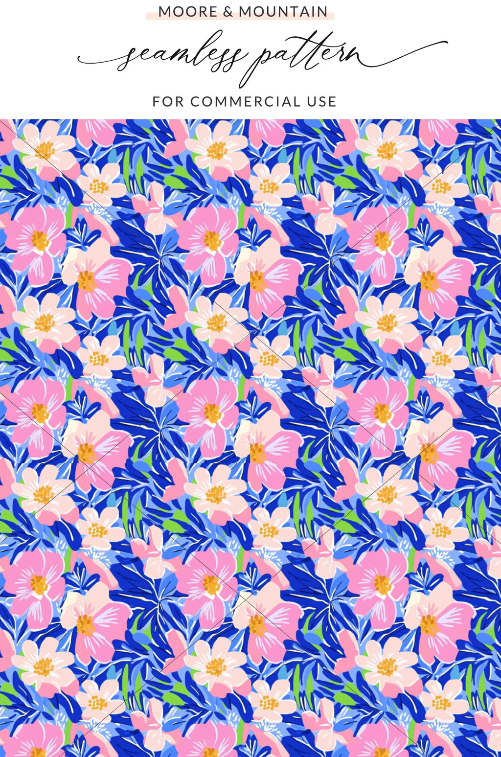 Floral pattern with pink flowers and blue leaves on a white background.