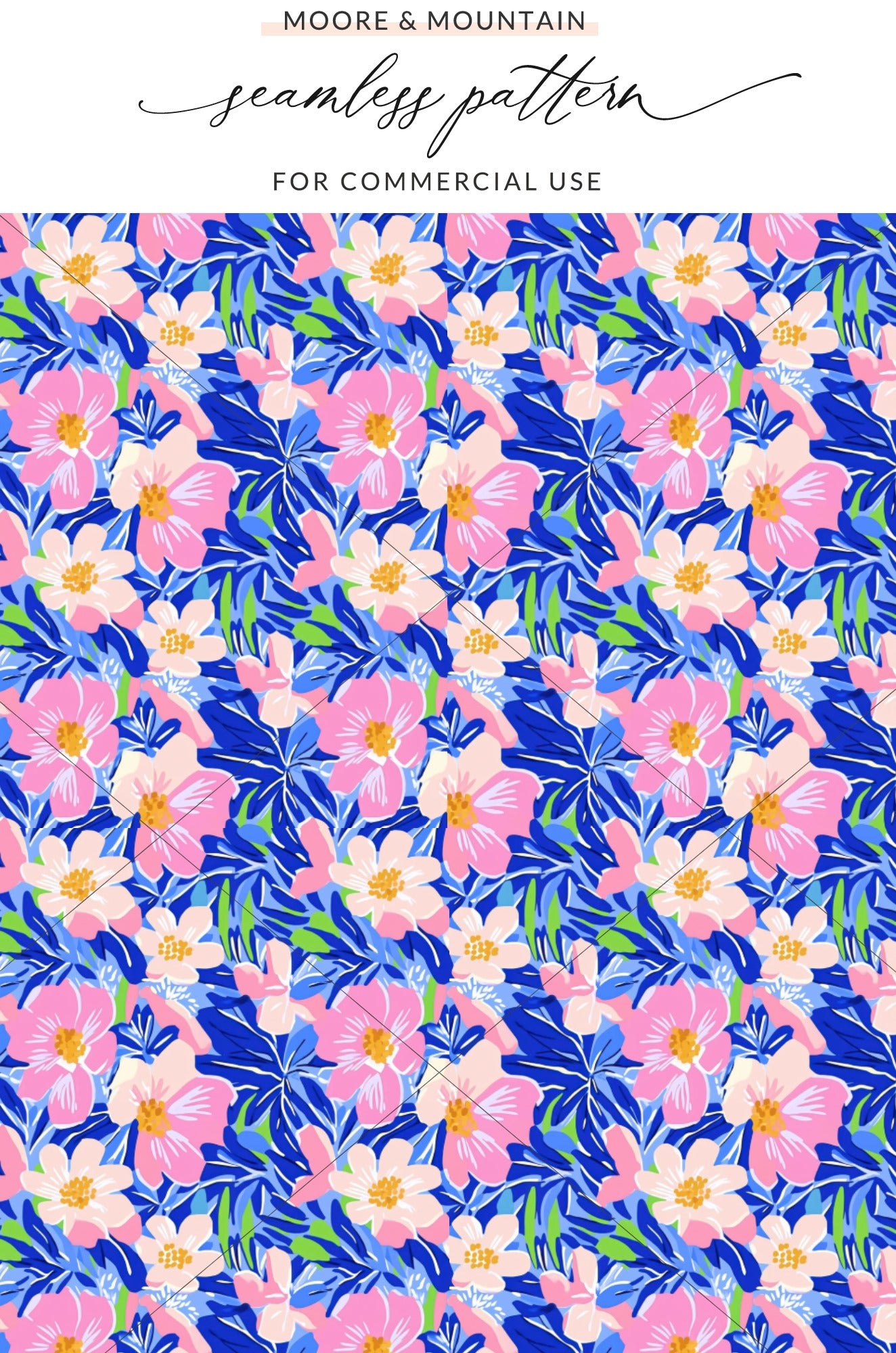 Floral pattern with pink flowers and blue leaves on a white background.