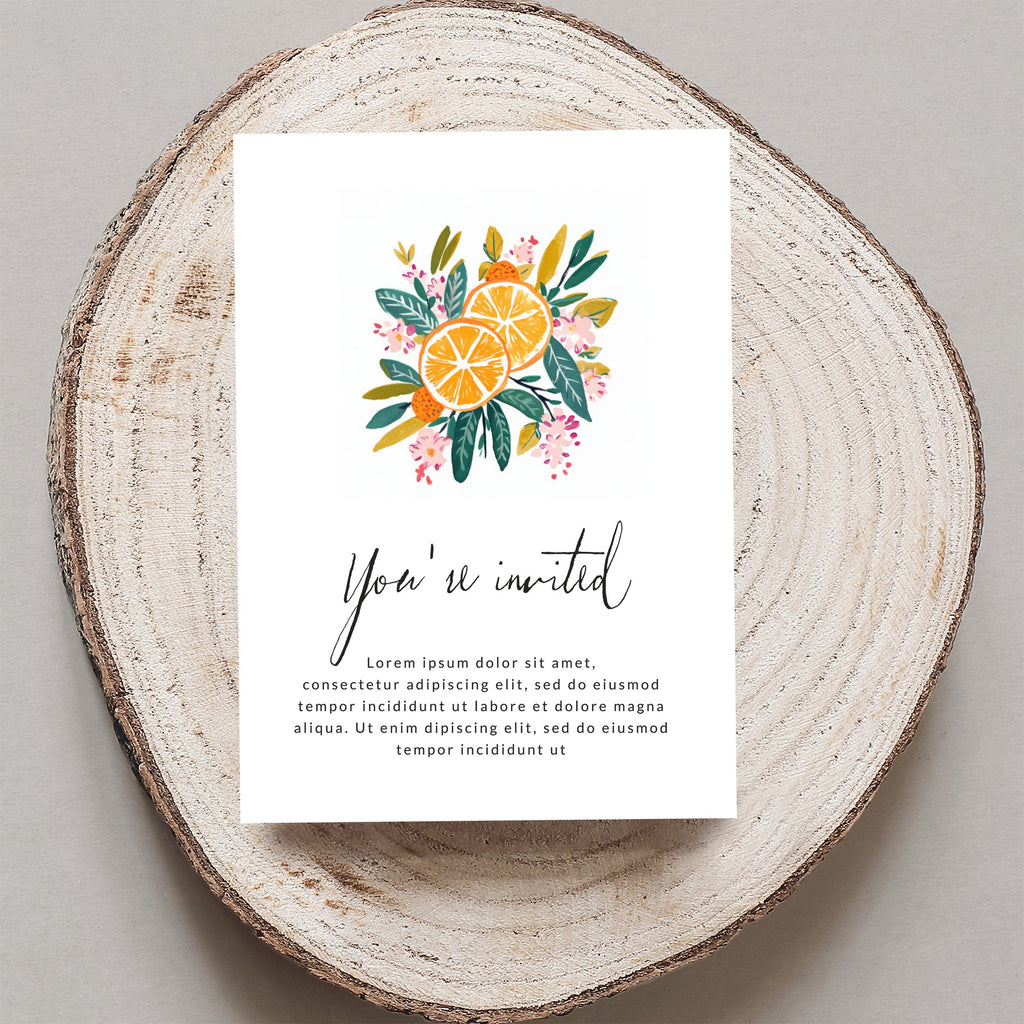 Invitation card with "You're invited" text and floral orange illustration on wood.