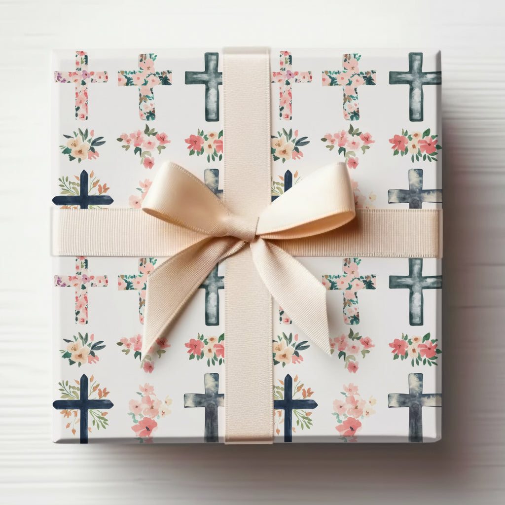 Floral Crosses with Pastel Ribbon Gift Wrap Paper
