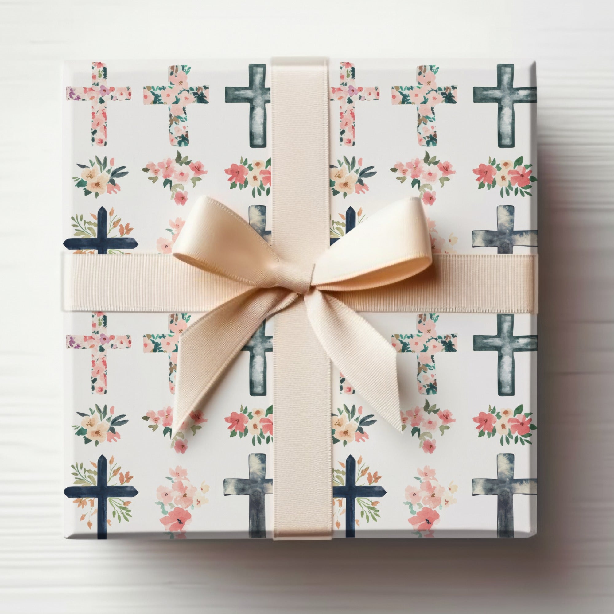 Floral Crosses with Pastel Ribbon Gift Wrap Paper