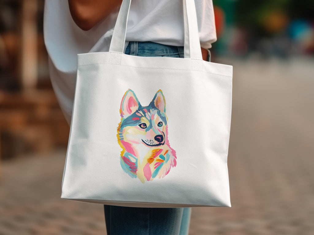 White tote bag with colorful watercolor husky dog illustration.