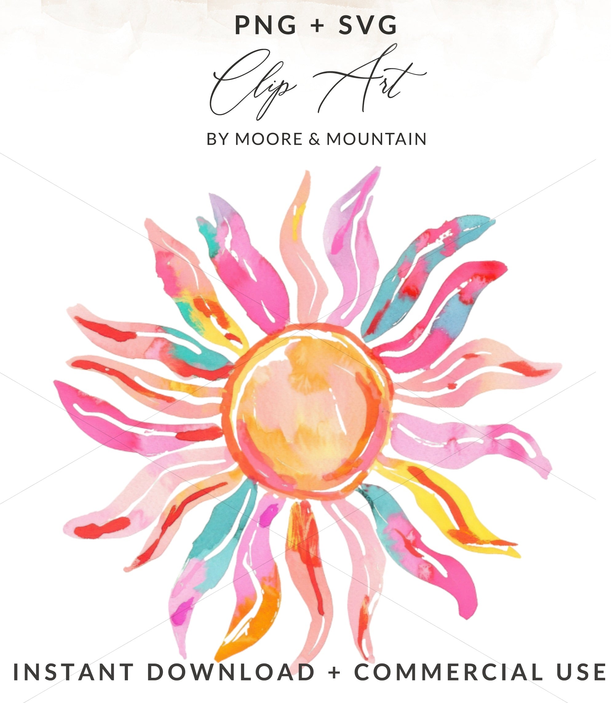 Colorful watercolor sun with rays, "PNG + SVG" and "INSTANT DOWNLOAD + COMMERCIAL USE".