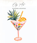 Watercolor cocktail with orange slice, straw, and tropical leaves.
