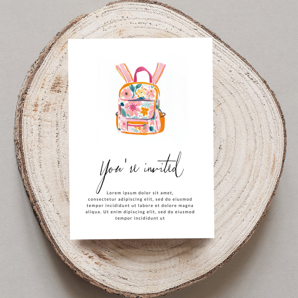 Invitation with floral backpack illustration and "You're invited" text.