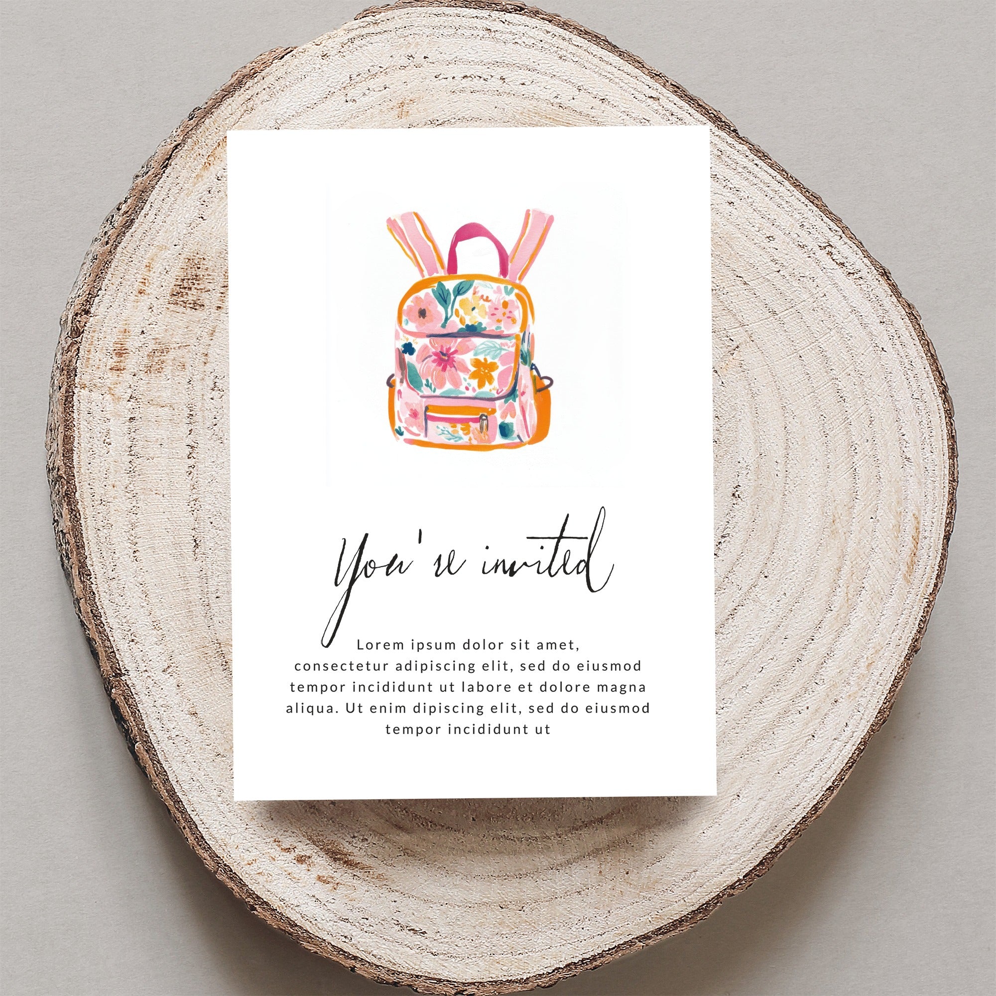 Invitation with floral backpack illustration and "You're invited" text.