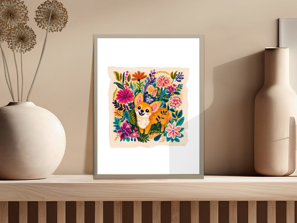 Chihuahua surrounded by colorful flowers in a framed illustration.