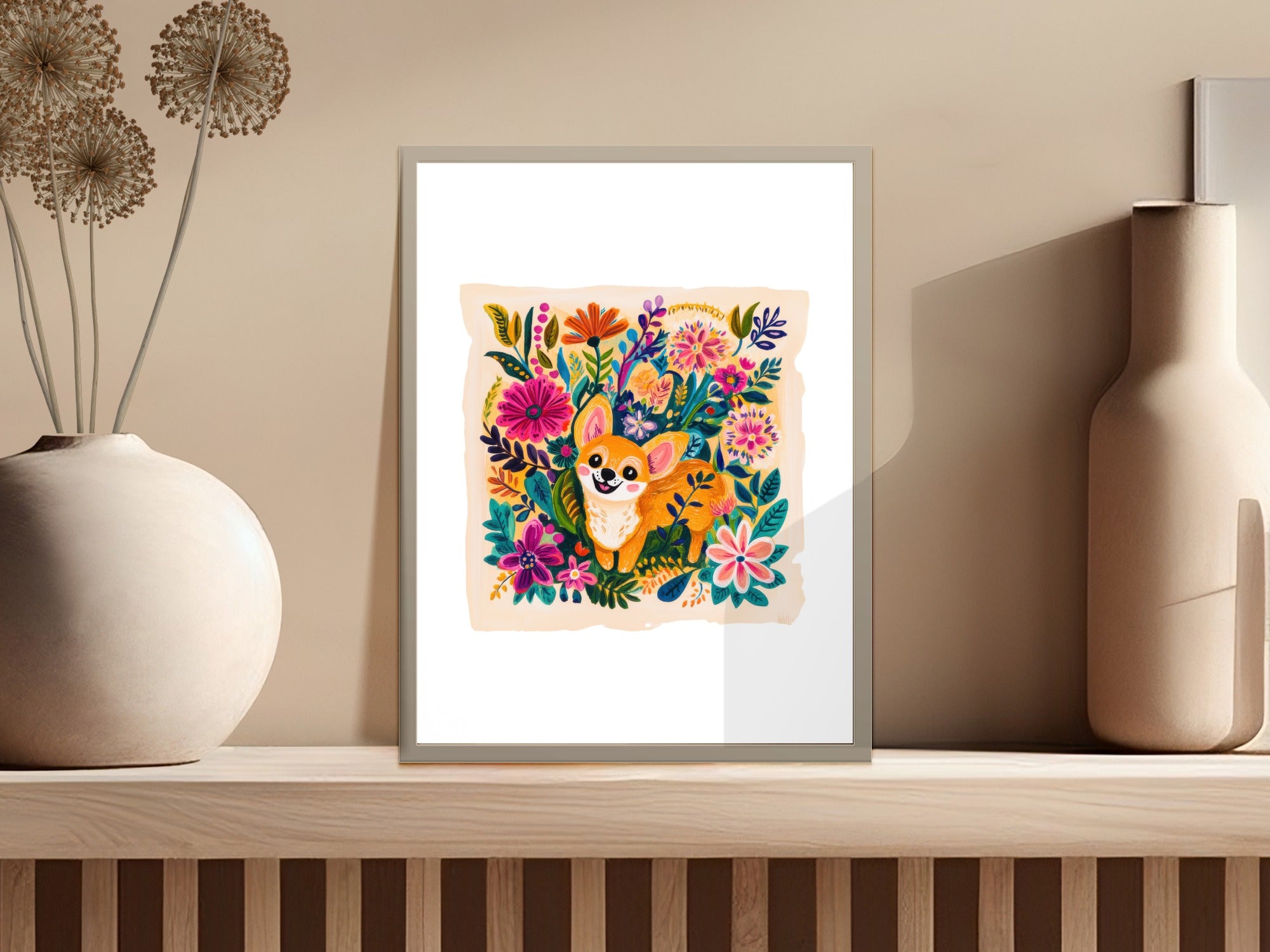 Chihuahua surrounded by colorful flowers in a framed illustration.