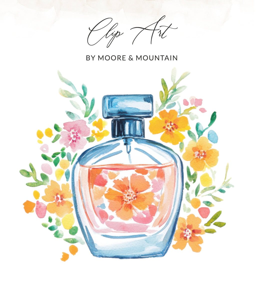 Watercolor perfume bottle surrounded by colorful flowers and greenery.