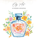 Watercolor perfume bottle surrounded by colorful flowers and greenery.
