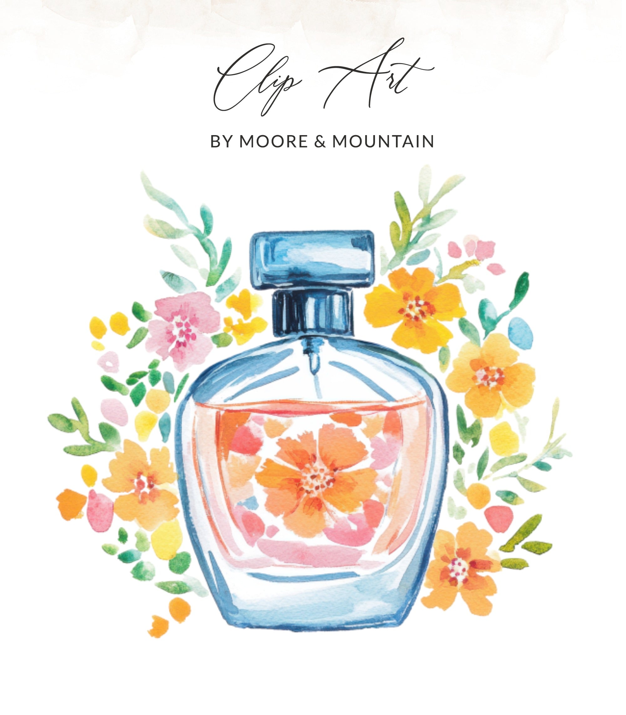 Watercolor perfume bottle surrounded by colorful flowers and greenery.
