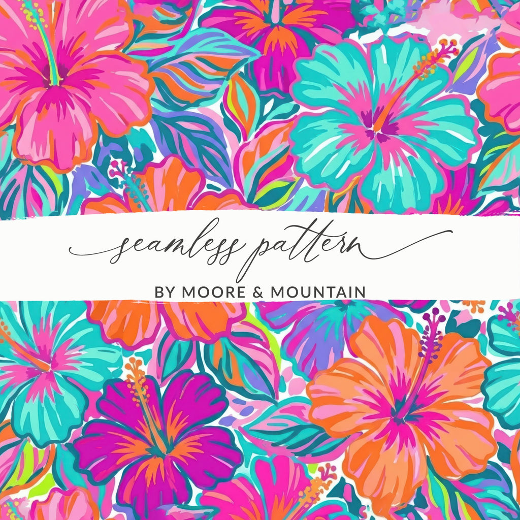 Vibrant hibiscus floral seamless pattern with "seamless pattern" and "BY MOORE & MOUNTAIN" text.