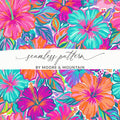 Vibrant hibiscus floral seamless pattern with "seamless pattern" and "BY MOORE & MOUNTAIN" text.