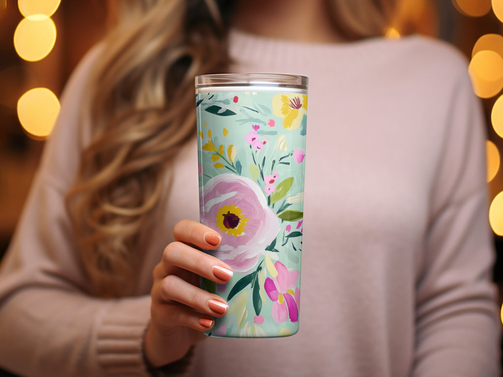 Abstract Floral Seamless Pattern Digital, Spring Ditsy Green Pink Yellow Flowers, Modern Gouache Painted Fine Art Floral Print, Digital