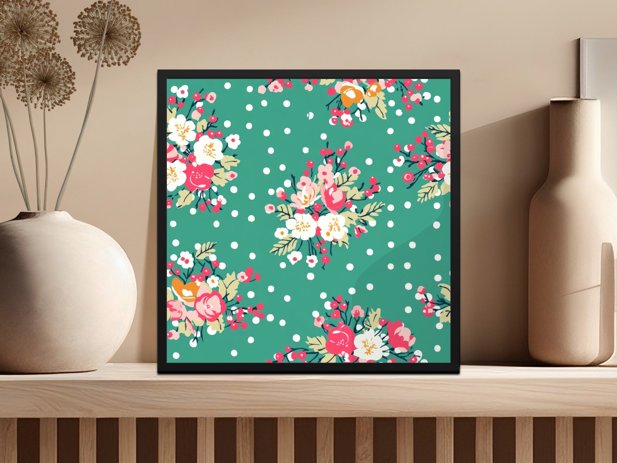 Colorful Floral Print on Green Background Art Print