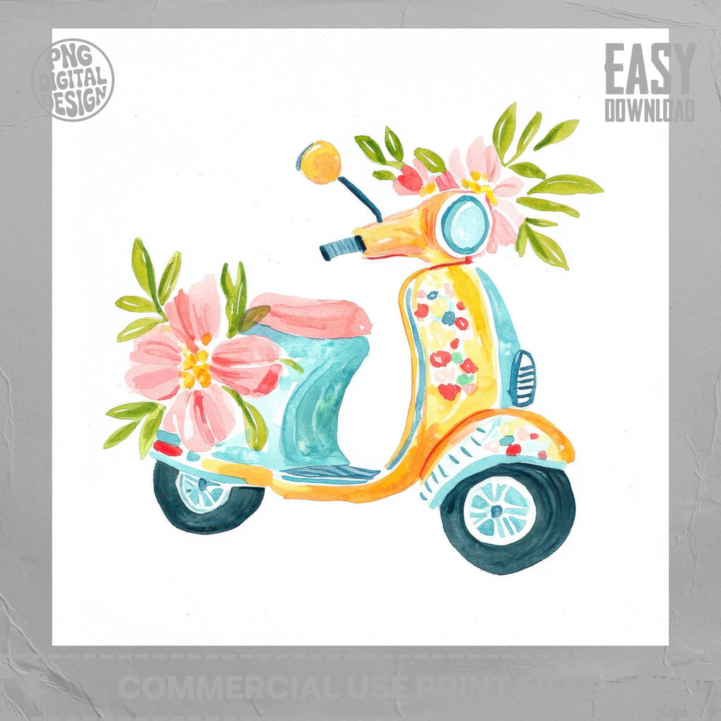 Watercolor illustration of a yellow and turquoise scooter with pink flowers.