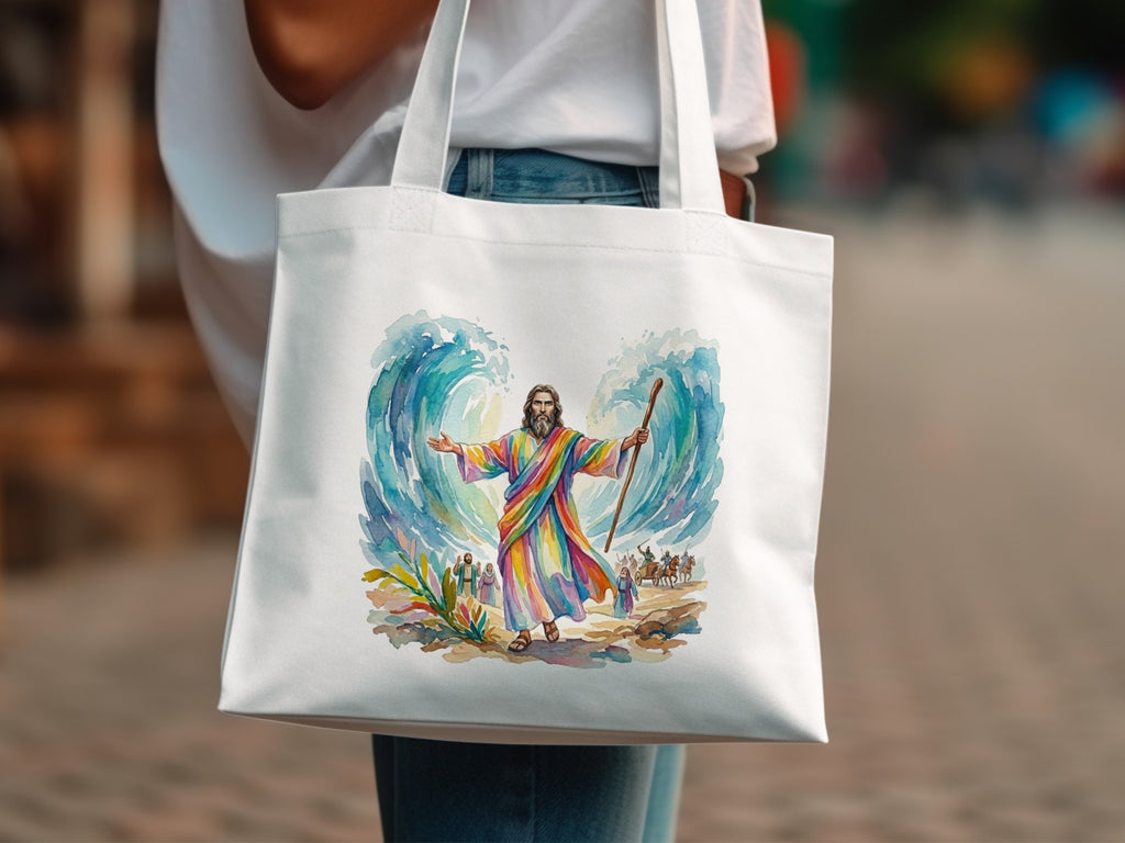 Biblical scene of Moses parting the Red Sea on a white tote bag.