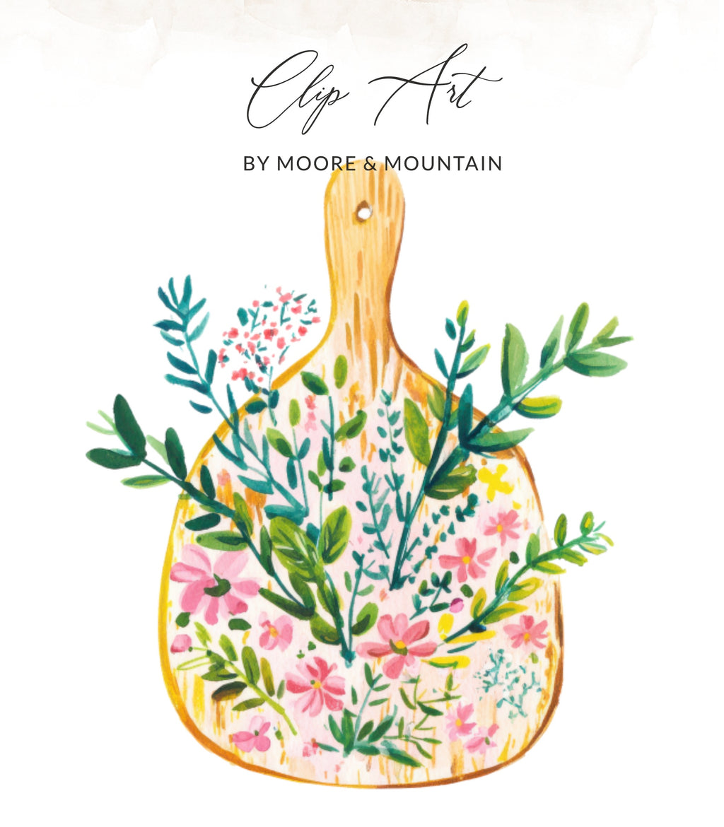 Wooden cutting board with watercolor floral illustration and "Clip Art" text.