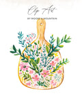Wooden cutting board with watercolor floral illustration and "Clip Art" text.